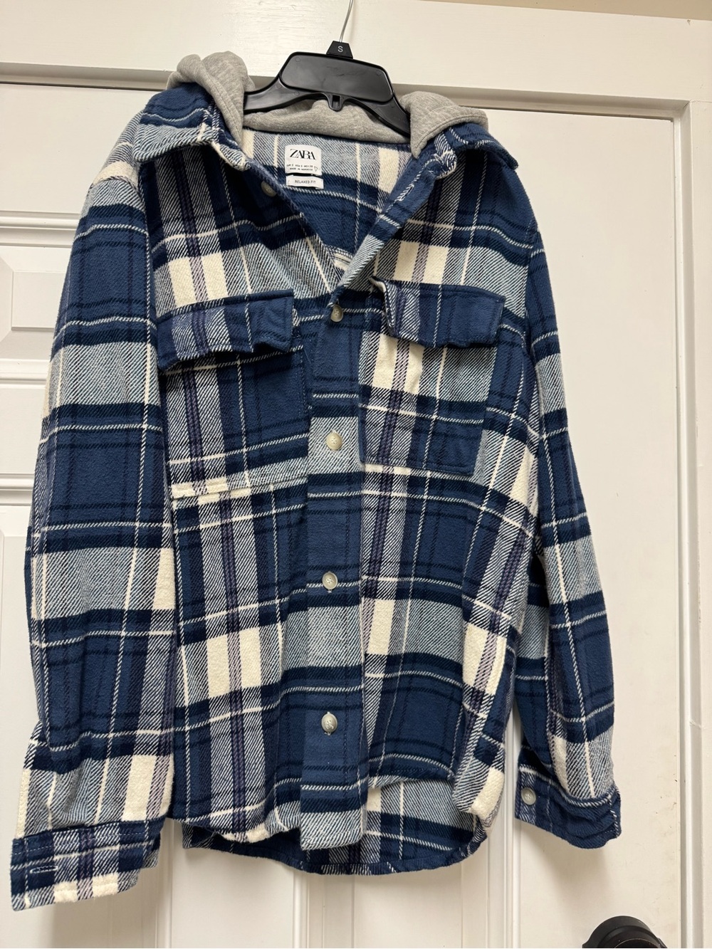 ZARA Navy & White Plaid Hooded Shacket